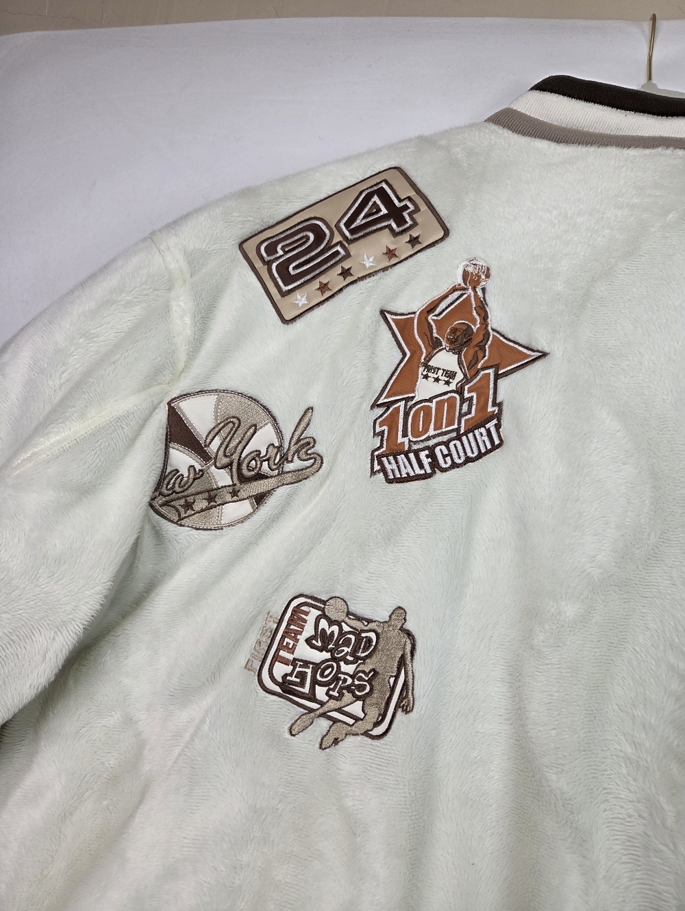Raw Blue Classics Varsity Jacket 2XL Faux Fur Sherpa Bomber Y2K Basketball Patch - Picture 13 of 13